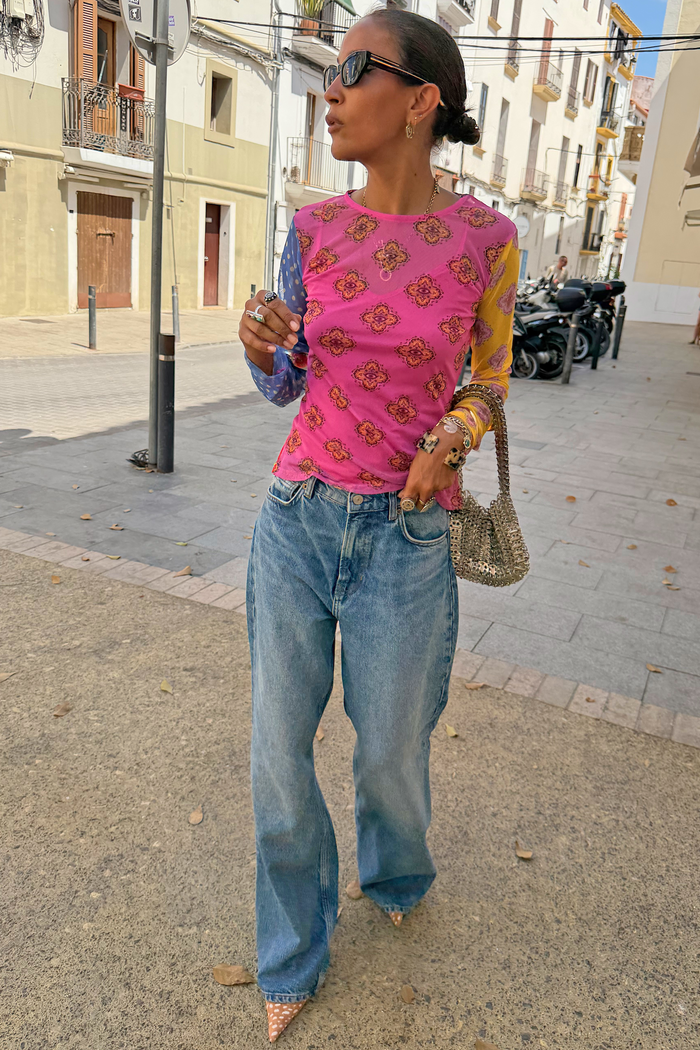 Pink Mix Tile Long Sleeve Mesh Top