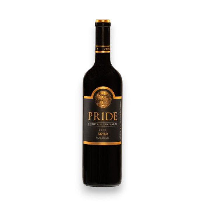 A PRIDE MOUNTAIN MERLOT 2022 by KELLOGG SELECTIONS features a black and gold label with a mountain illustration. The wine boasts rich mountain fruit and balanced acidity, complemented by a black bottle cap with gold accents.