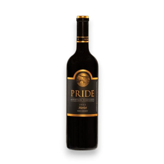 A PRIDE MOUNTAIN MERLOT 2022 by KELLOGG SELECTIONS features a black and gold label with a mountain illustration. The wine boasts rich mountain fruit and balanced acidity, complemented by a black bottle cap with gold accents.