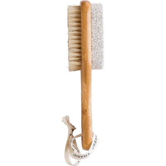 The EUROPEAN SOAPS, LLC PUMICE STONE WITH NAIL BRUSH features a wooden handle, natural bristles for nails, a pumice stone for exfoliation, and a looped fabric strap for easy use—ideal for smoothing and cleaning rough skin.
