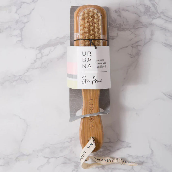 The EUROPEAN SOAPS, LLC PUMICE STONE WITH NAIL BRUSH features a wooden handle, natural bristles for nails, a pumice stone for exfoliation, and a looped fabric strap for easy use—ideal for smoothing and cleaning rough skin.