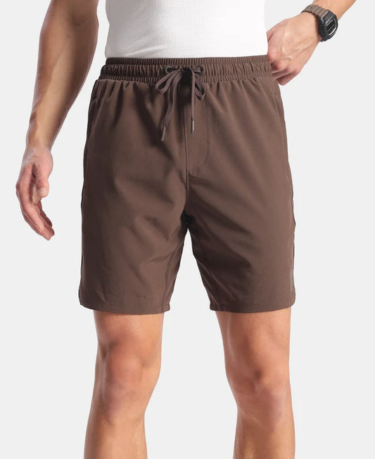 Recycled Microfiber Elastane Stretch Solid Shorts with Zipper Pockets and StayFresh Treatment - Hot Fudge