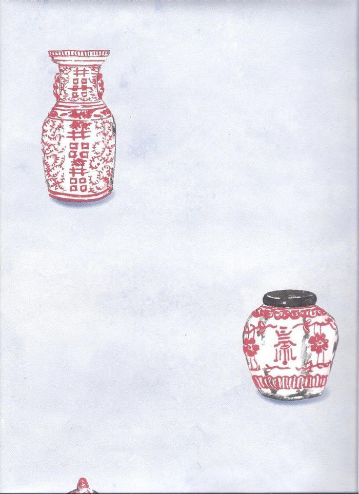 Red Oriental Vases - Asian Dotted On Light Blue Wallpaper - all4wallswall-paper