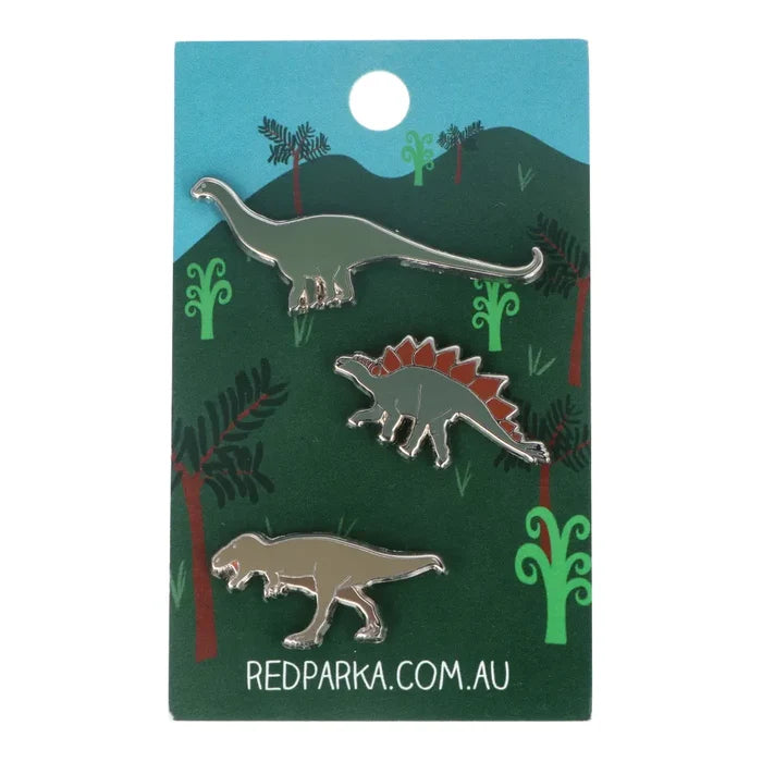 Red Parka Enamel Pin Set - Dinosaur Trio