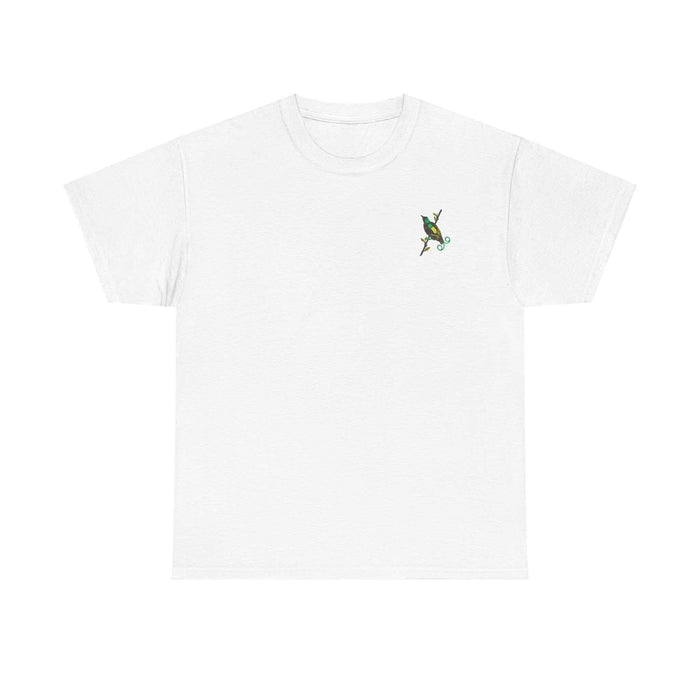 Reggae Rider Tee with Jamaican scooter rider design, white cotton fabric.