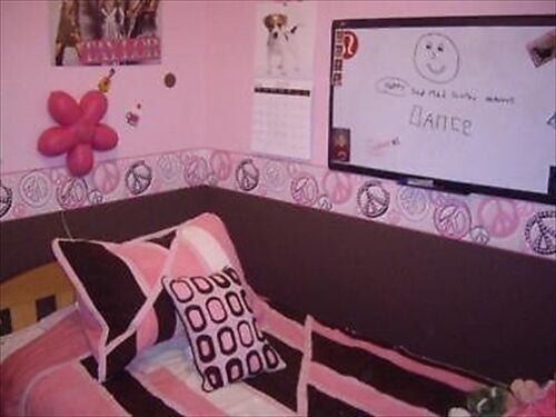 Retro Girls Pink and Black Peace Symbol Wallpaper Border - all4wallswall-paper