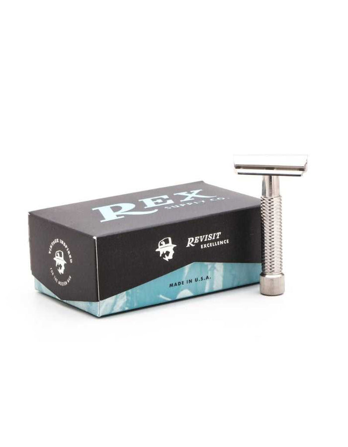 Revisiting stainless steel safety razor with diamond grip handle, packaged in black and blue box, made in USA, SKU: REX115