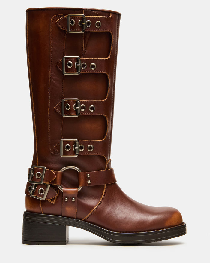 ROCKY Cognac Distressed Knee-High Moto Women's Boot | Steve Madden