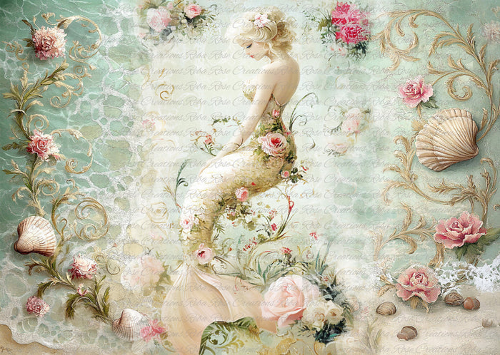 Rococo Mermaid Collage Rice Paper by Reba Rose Creations