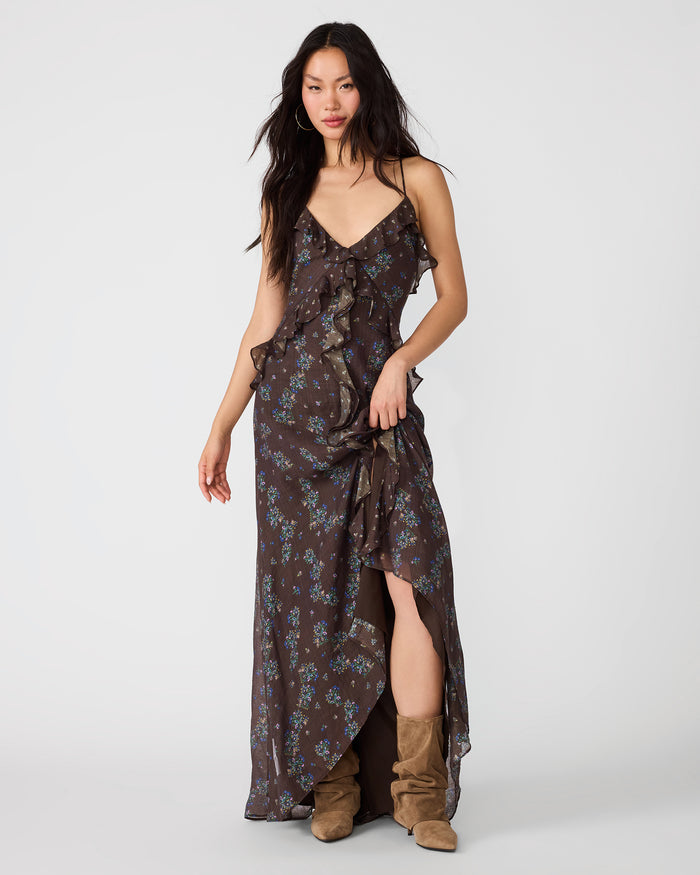 ROSELYN Dark Espresso Ruffle Flowy Women's Maxi Dress | Steve Madden