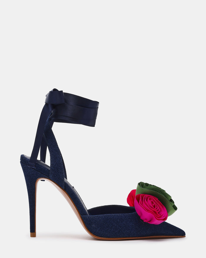 ROSIE Denim Multi Flower Pointed-Toe Stiletto Leg-Ties Women's Heel | Steve Madden