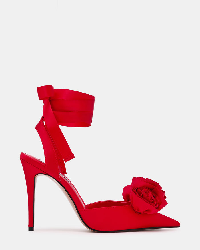 ROSIE Red Satin Flower Pointed-Toe Stiletto Leg-Ties Women's Heel | Steve Madden