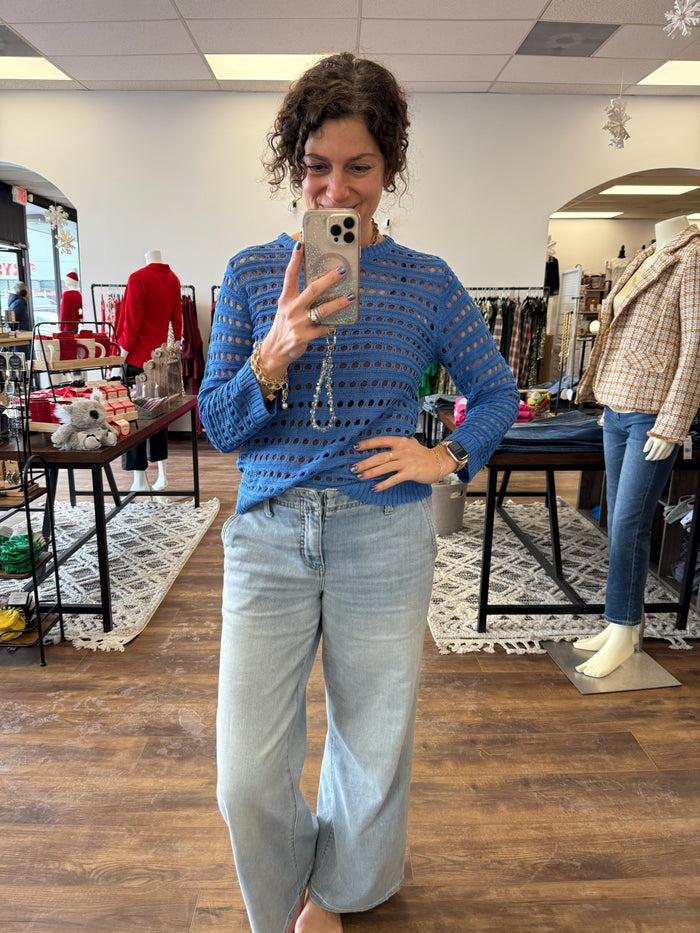 Round Neck Open Gauge Sweater - Blue