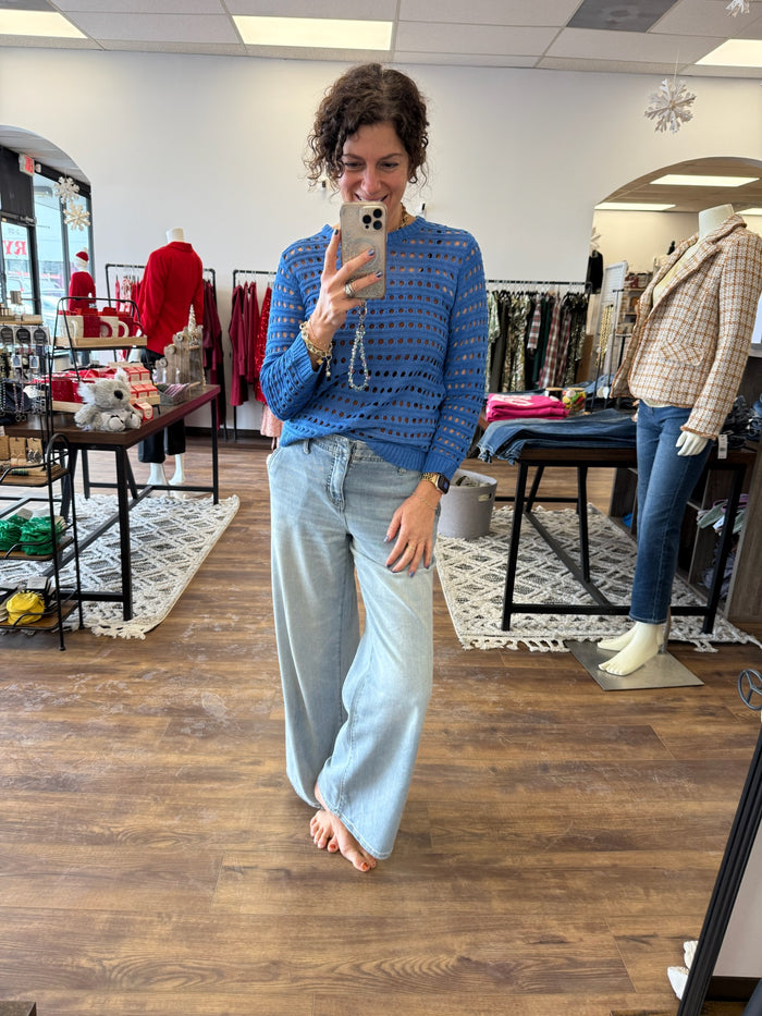 Round Neck Open Gauge Sweater - Blue