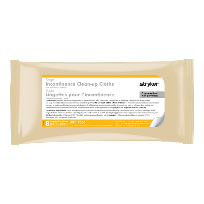 Sage Incontinence Clean-Up Cloths with Dimethicone and Aloe, Fragrance-Free, 8" x 8", Case of 30