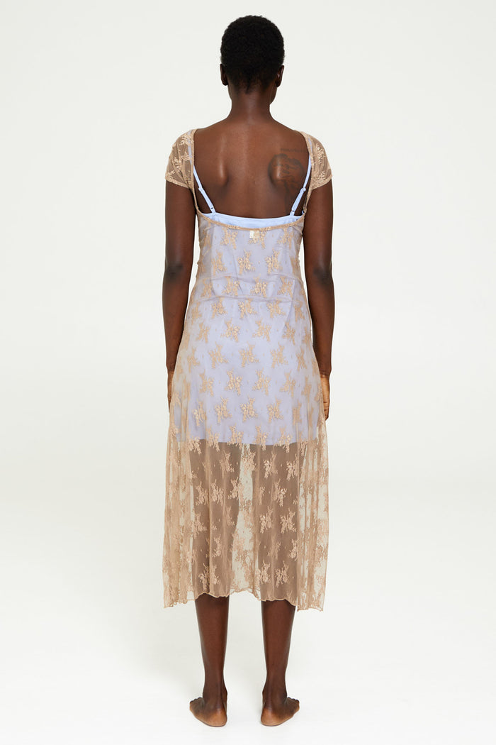 Sand Floral Lace Bow Dress