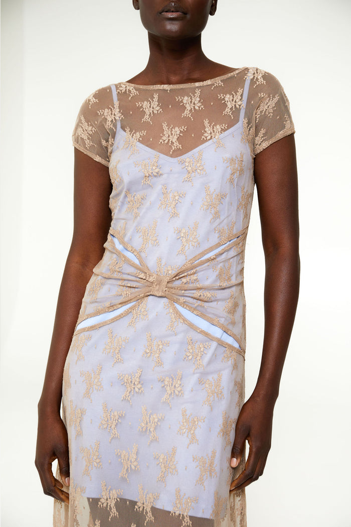 Sand Floral Lace Bow Dress