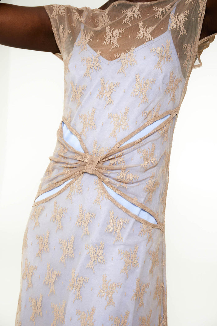 Sand Floral Lace Bow Dress