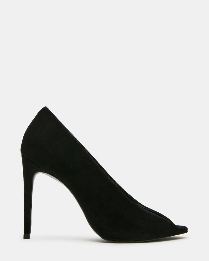 SANTINO Black Suede Open Peep-Toe Stiletto PVC Strap Women's Heel | Steve Madden