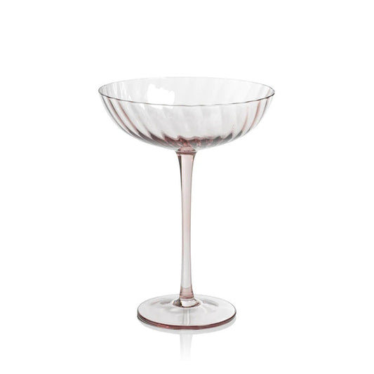 The SAVOY OPTIC SWIRL COCKTAIL GLASS by ZODAX features a clear, elegant design with a subtle optic swirl, slightly ribbed bowl, long slender stem, and round base, displayed against a plain white background.