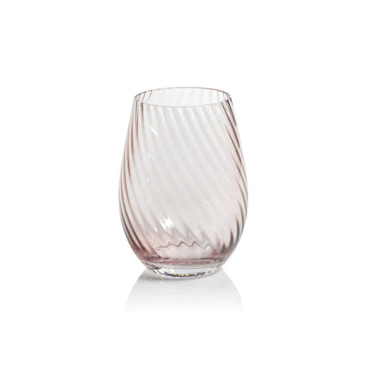 The ZODAX SAVOY OPTIC SWIRL STEMLESS GLASS is a clear, slightly pink tumbler with a rounded base and ribbed swirl texture. With a 600 ml (20.29 oz) capacity, it's ideal for serving stylish drinks on any occasion.