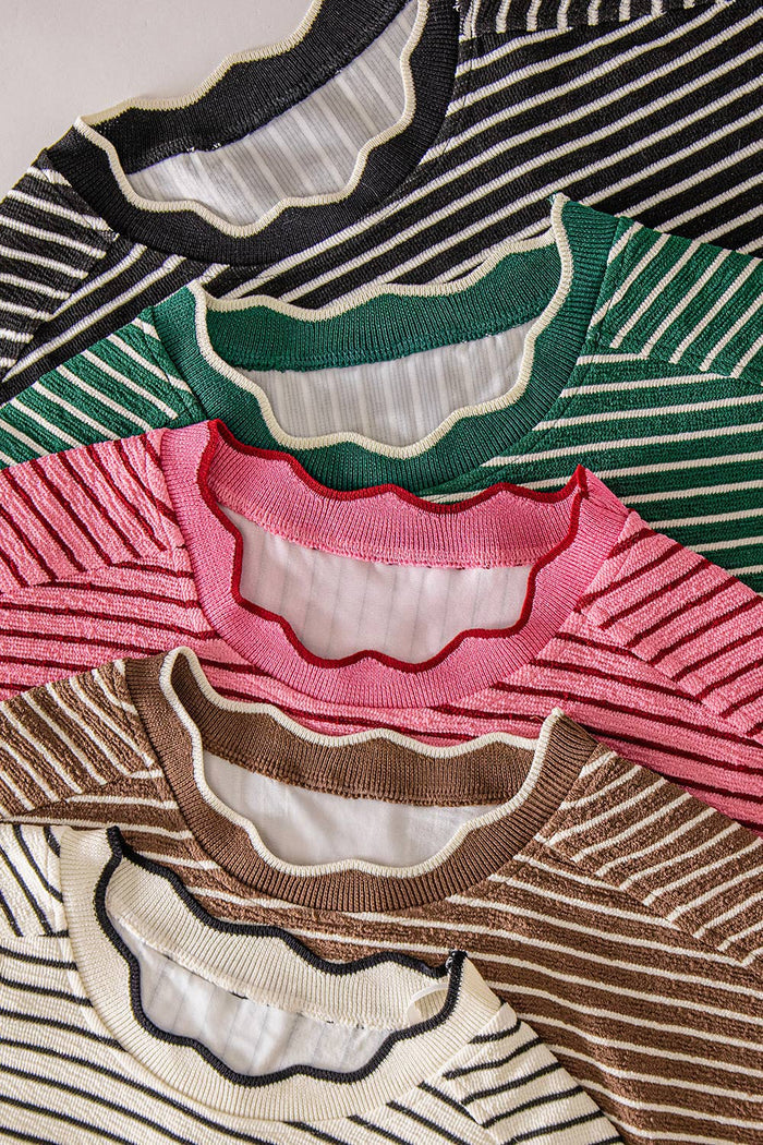Scallop Trim Stripe Knit Top (5 Colors) - 260 Broadway Boutique