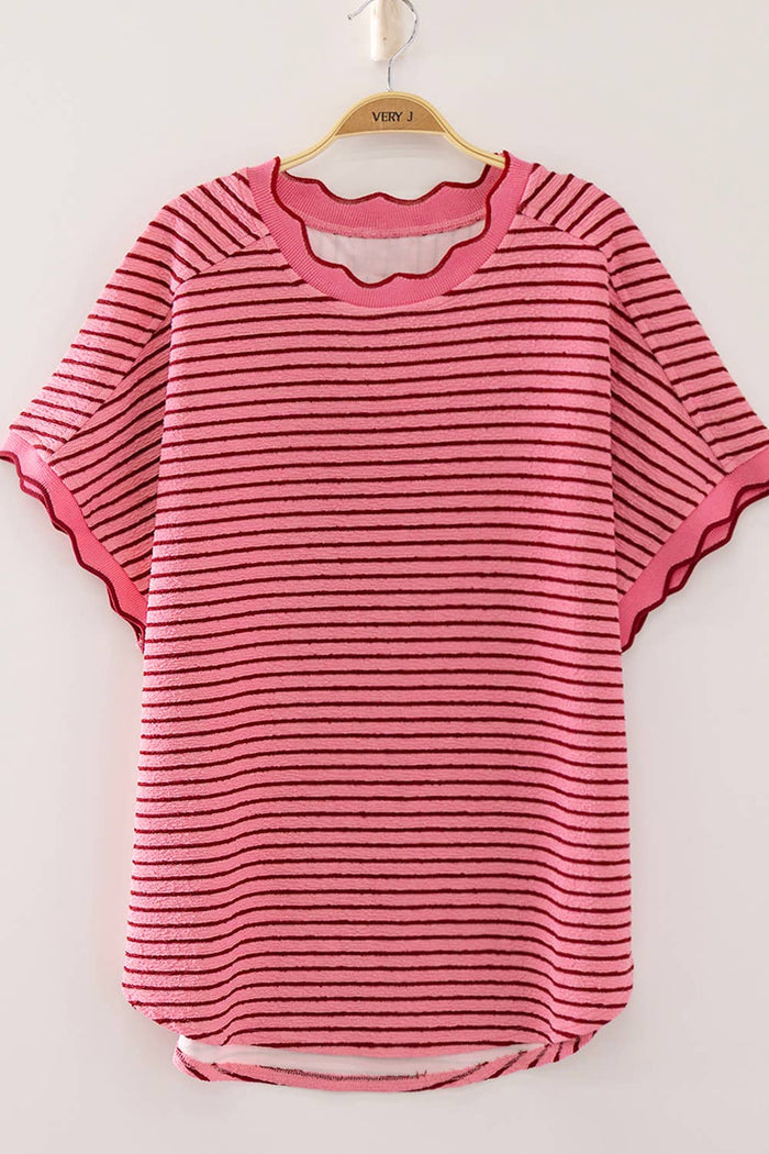 Scallop Trim Stripe Knit Top (5 Colors) - 260 Broadway Boutique