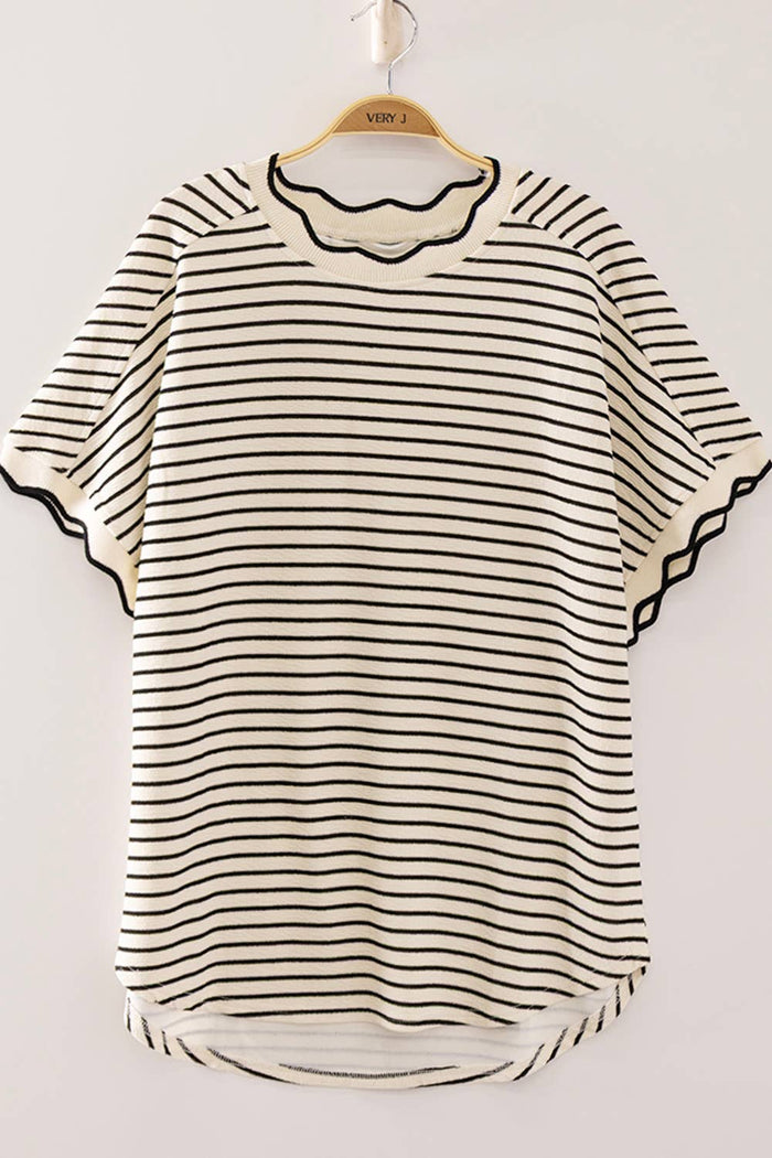 Scallop Trim Stripe Knit Top (5 Colors) - 260 Broadway Boutique