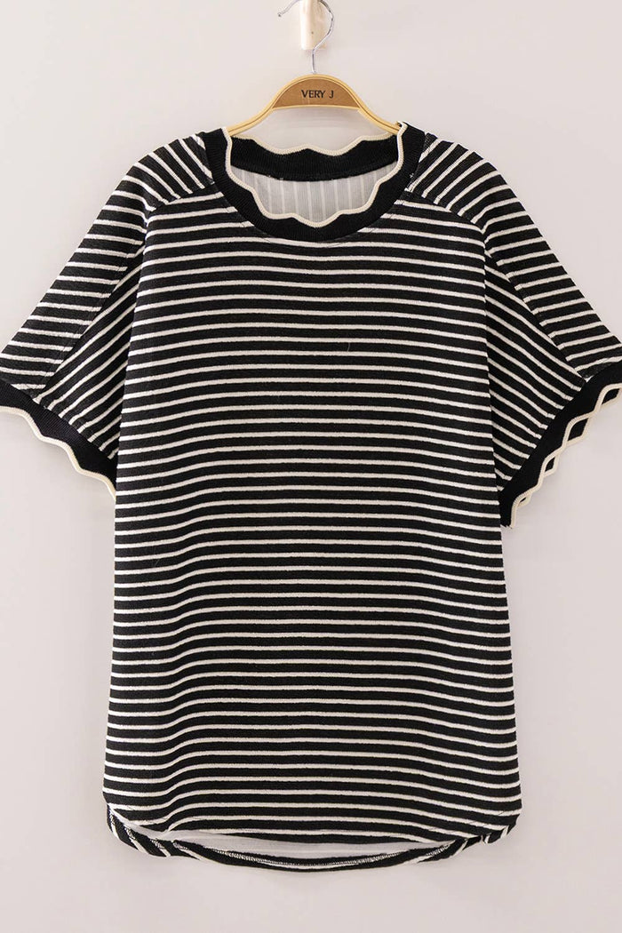 Scallop Trim Stripe Knit Top (5 Colors) - 260 Broadway Boutique