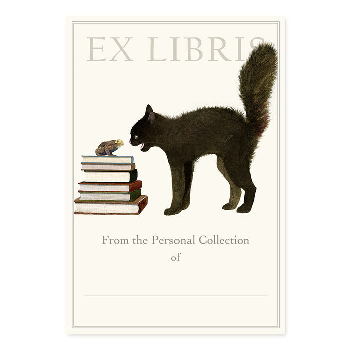 Ex Libris design with a black cat and books on a white background.