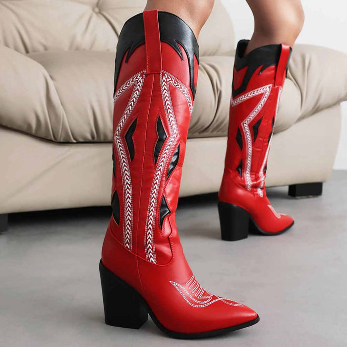Stylish red chunky block heel western boots for women with intricate black detailing and a pointed toe design