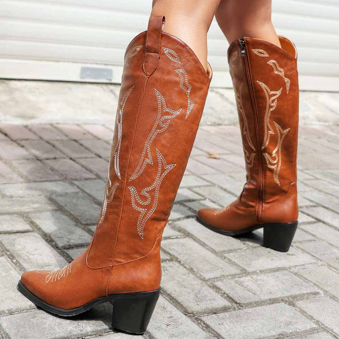 Brown embroidered knee high boots for women with stylish design and block heels