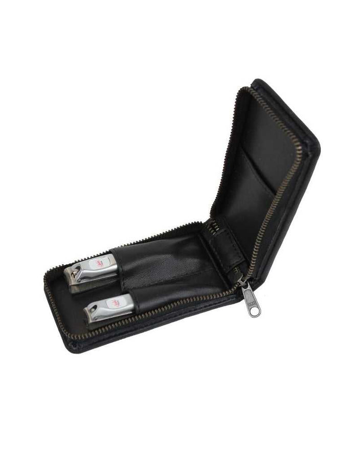 Black zippered case with two stainless steel nail clippers inside for grooming
