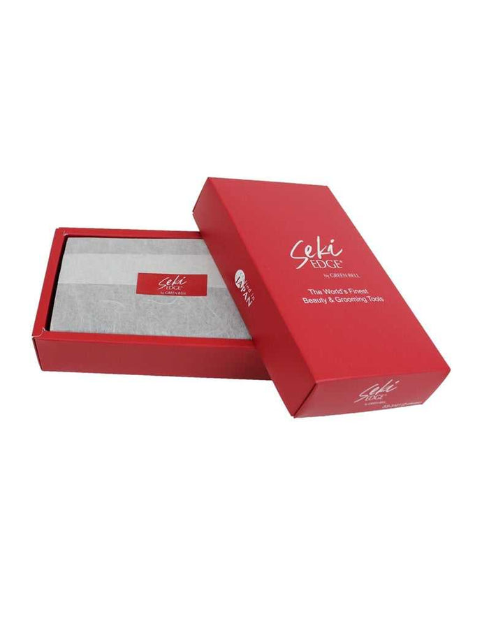 Red packaging box for Seki Edge luxury grooming tools