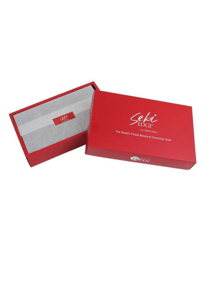 Red box packaging for Seki Edge luxury grooming tools