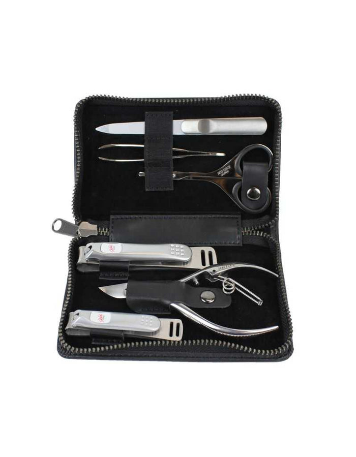 Close-up of stainless steel nail clippers and nail scissors