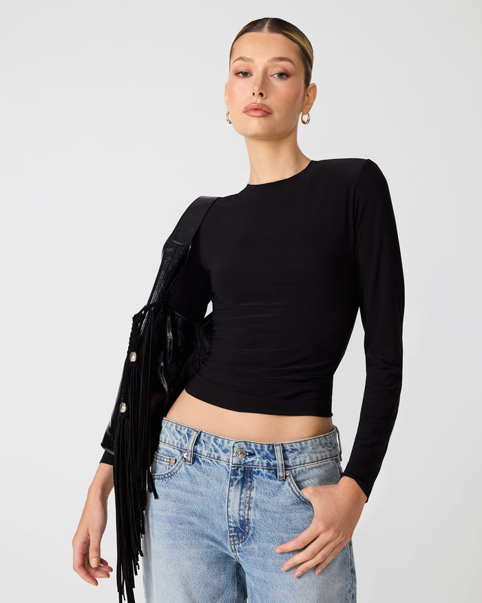 SELINE Black Long Sleeve Scoop Neck Women's Top | Steve Madden