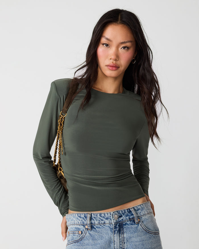 SELINE Dark Olive Long Sleeve Scoop Neck Women's Top | Steve Madden