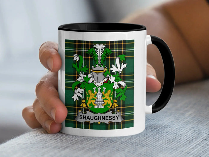 Shaughnessy Irish family crest black accent mug on Irish National Tartan