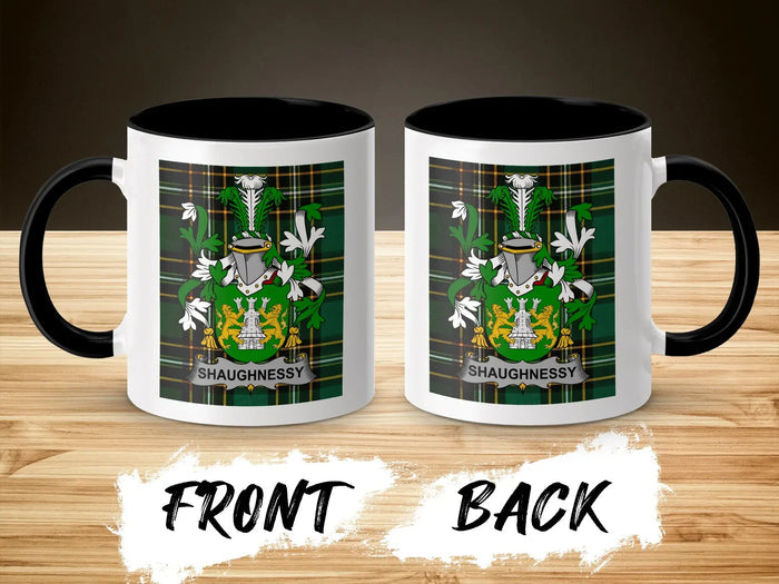 Shaughnessy ceramic accent mug with black handle and surname crest on tartan