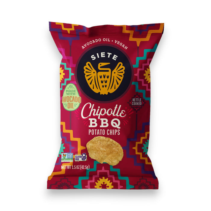 A vibrant bag of SIETE - KETTLE BBQ COOKED POTATO CHIPS by SIETE FOODS displays bold geometric designs, a yellow owl logo, and notes that the chips are vegan, gluten free, made with avocado oil, and kettle cooked.