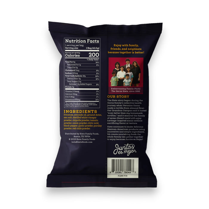 A vibrant bag of SIETE - KETTLE BBQ COOKED POTATO CHIPS by SIETE FOODS displays bold geometric designs, a yellow owl logo, and notes that the chips are vegan, gluten free, made with avocado oil, and kettle cooked.