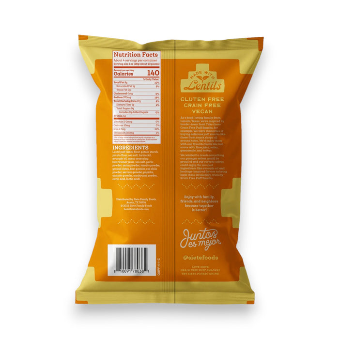 A 4 oz bag of Siete Foods Queso Grain Free Puff Snacks. The packaging is mainly yellow with orange accents, featuring a logo with an eagle and the brand name "Siete." It is labeled dairy-free, grain-free, and made with avocado oil.