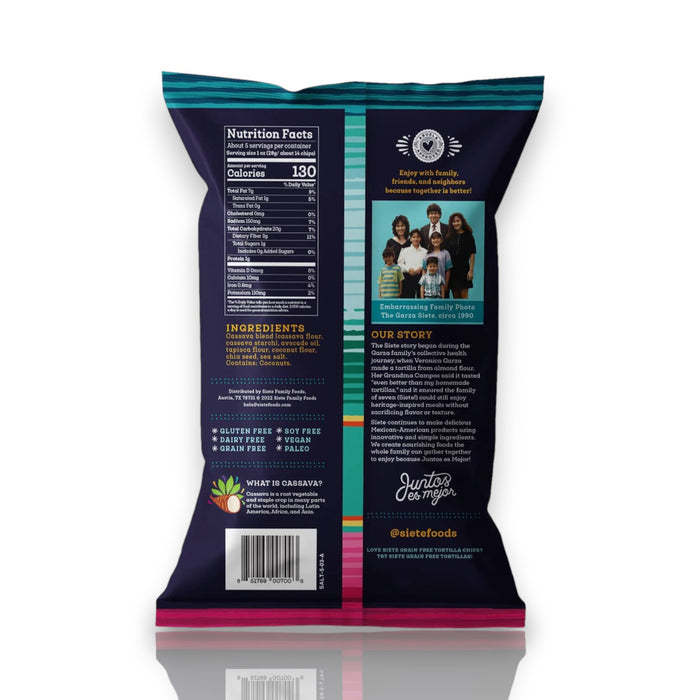 A bag of SIETE FOODS SIETE - TORTILLA CHIPS SEA SALT GRAIN FREE in teal, navy, and pink packaging with an eagle logo, labeled "Vegan" and "Made with Avocado Oil.