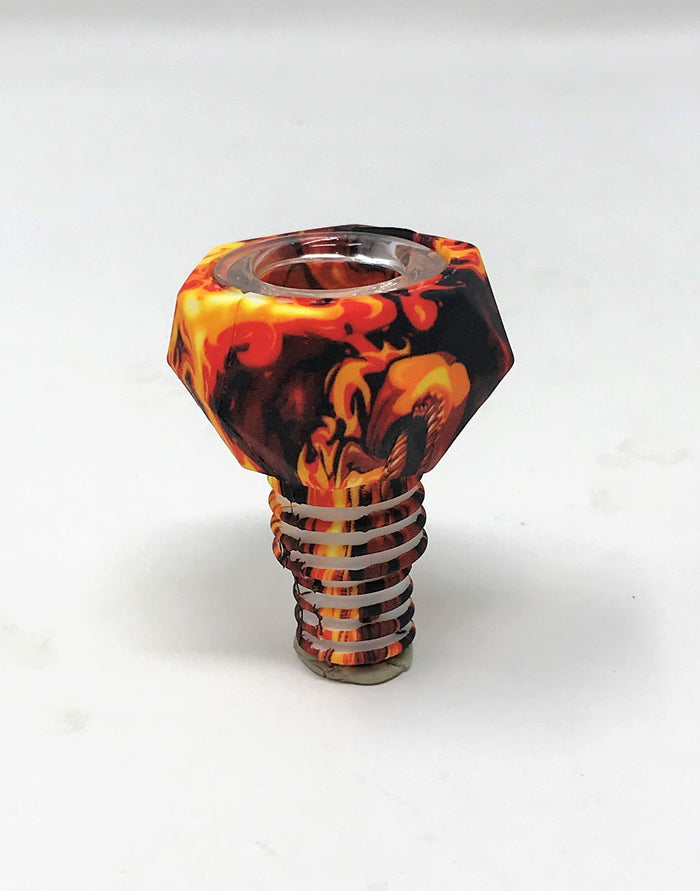Silicone 14mm/18mm Dual Use Bowl Skull Fire Design W/Quartz Bowl