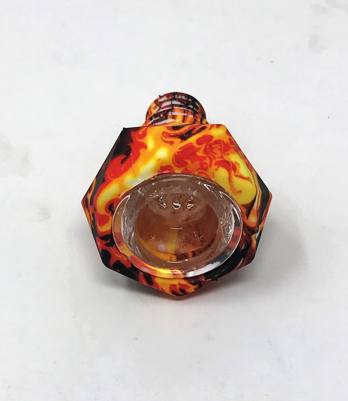 Silicone 14mm/18mm Dual Use Bowl Skull Fire Design W/Quartz Bowl