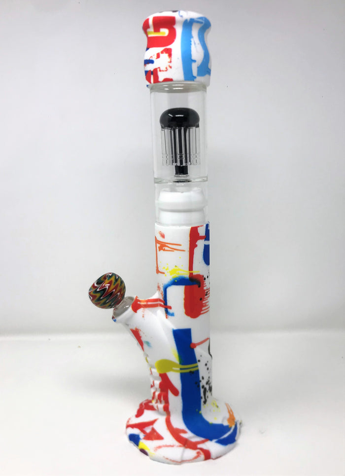 Silicone Detachable 15.5" Bong 10 Arm Tree Perc Graffiti Design 14mm Bowl