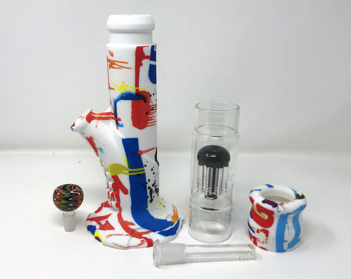 Silicone Detachable 15.5" Bong 10 Arm Tree Perc Graffiti Design 14mm Bowl