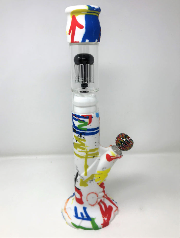 Silicone Detachable 15.5" Bong 10 Arm Tree Perc Graffiti Design 14mm Bowl
