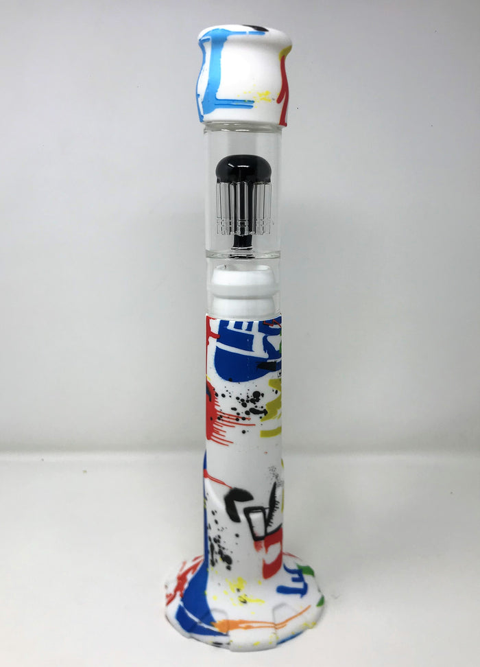 Silicone Detachable 15.5" Bong 10 Arm Tree Perc Graffiti Design 14mm Bowl